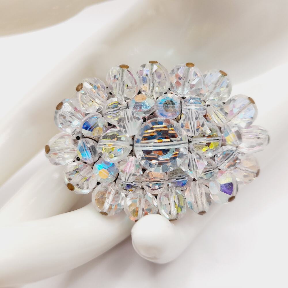 Vintage 1960s Crystal Aurora Borealis Faceted Bead Oval Brooch – 2 Inch Pin